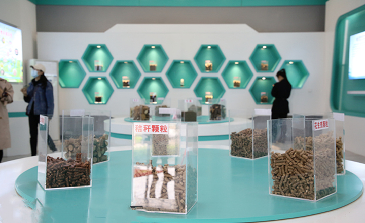 阳信县利民公司展厅内展示的榴莲视频成人官网生物质颗粒燃料